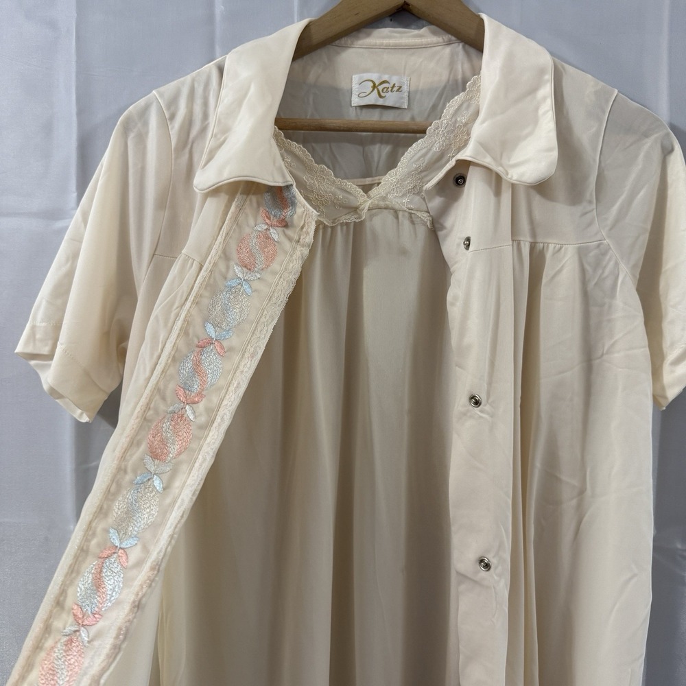 Vtg Katz S Nightgown Robe Negligee Cream Floral Print Silky Sexy Bridal Lingerie